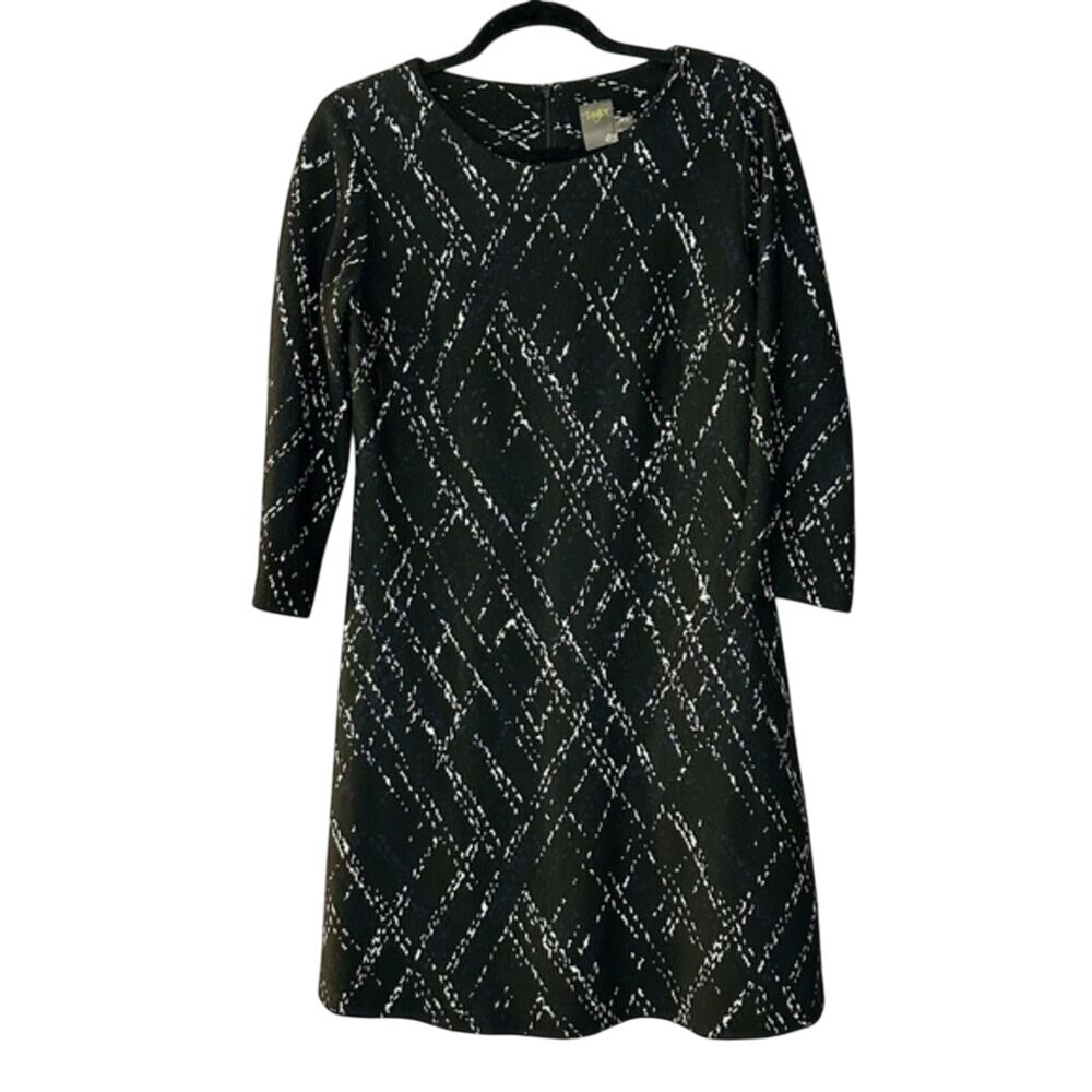 Taylor Size 8 Black White and Blue Pattern 3/4 Sleeve Dress with Pockets